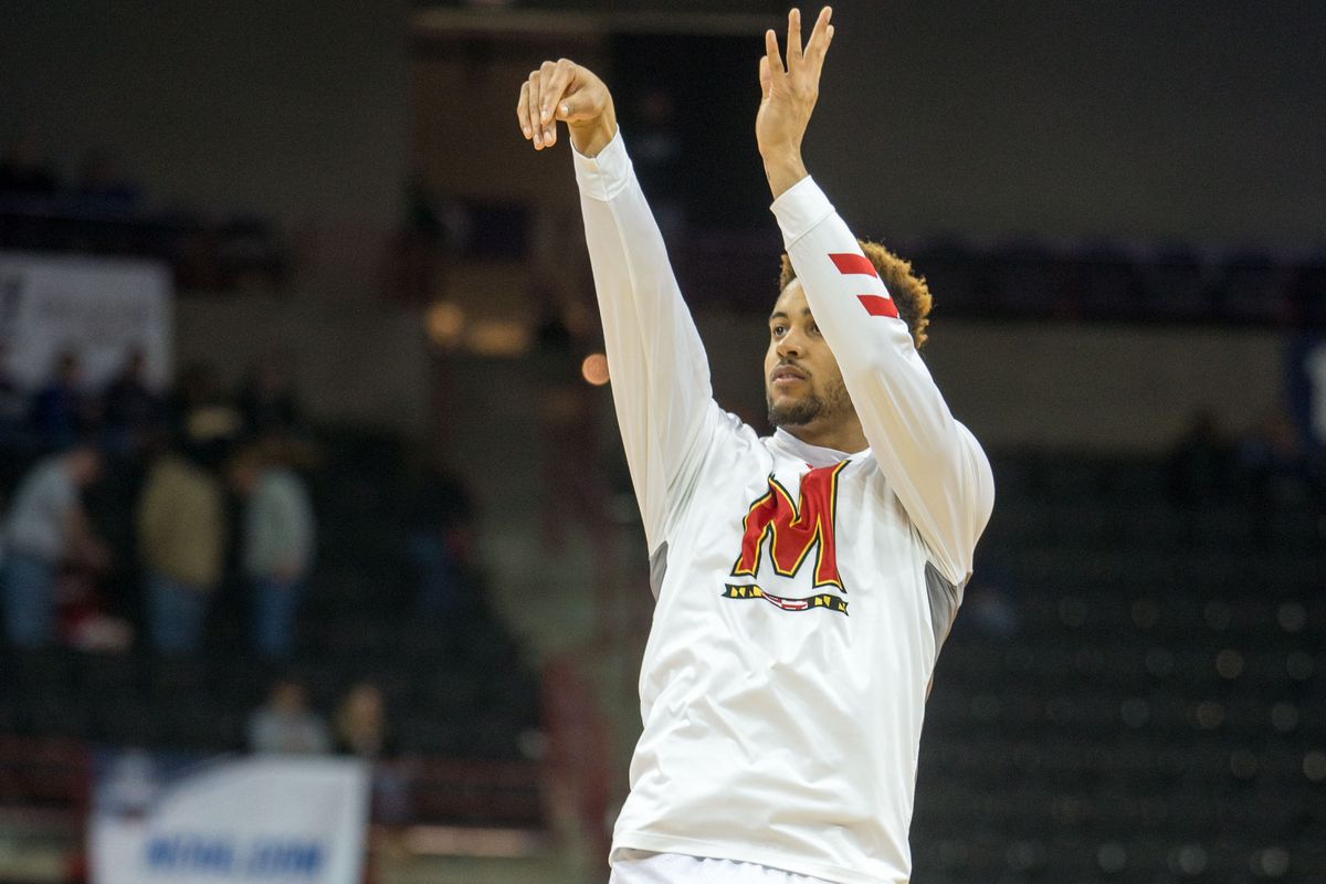 Melo Trimble warms up before Maryland's game against Hawaii.