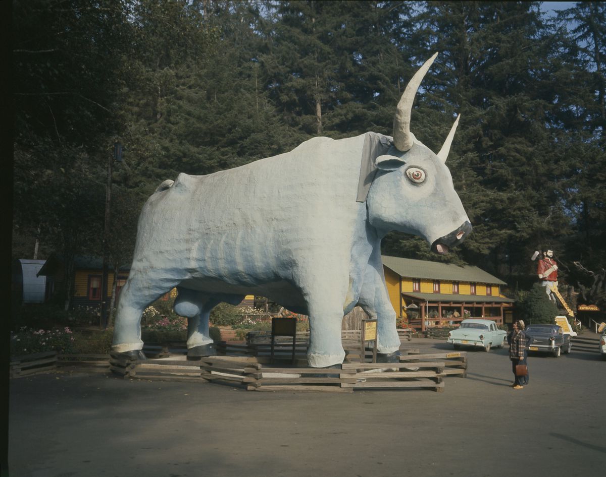 Paul Bunyan and his blue ox babe outside the Trees of Mystery attraction, 1960.