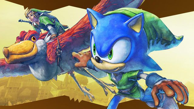 Artwork of Sonic the Hedgehog and Link on a Loftwing in the style of The Legend of Zelda: Skyward Sword