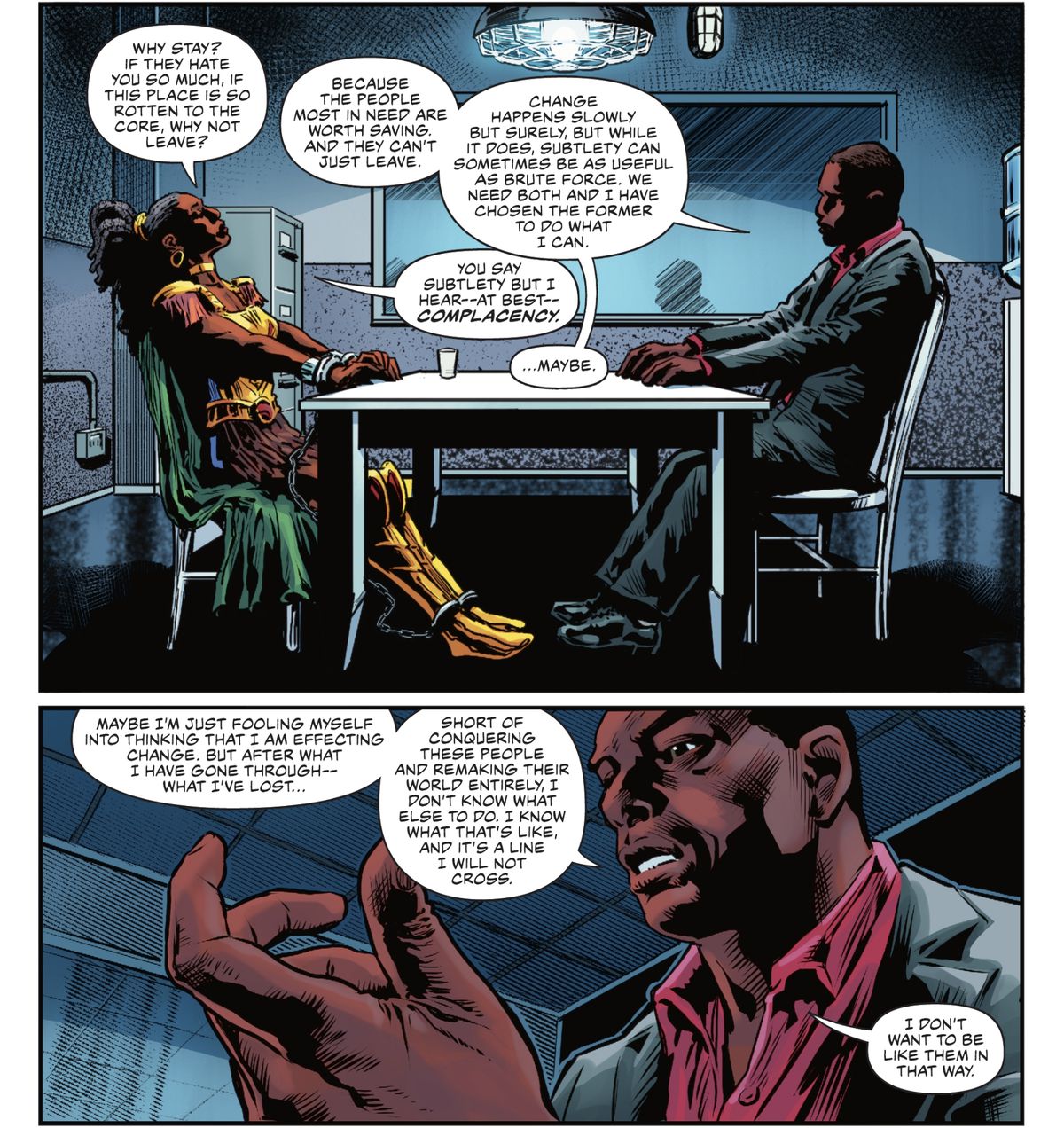 Nubia of the Amazons and the Martian Manhunter (in the form of a Black police detective) discuss why he chooses to live among humans. “Shor tof conquering these people and remakin gtheir world entirely, I don’t know what else to do,” he says. “It’s a line I will not cross. I don’t want to be like them in that way,” in Nubia: Coronation Special #1 (2022). 