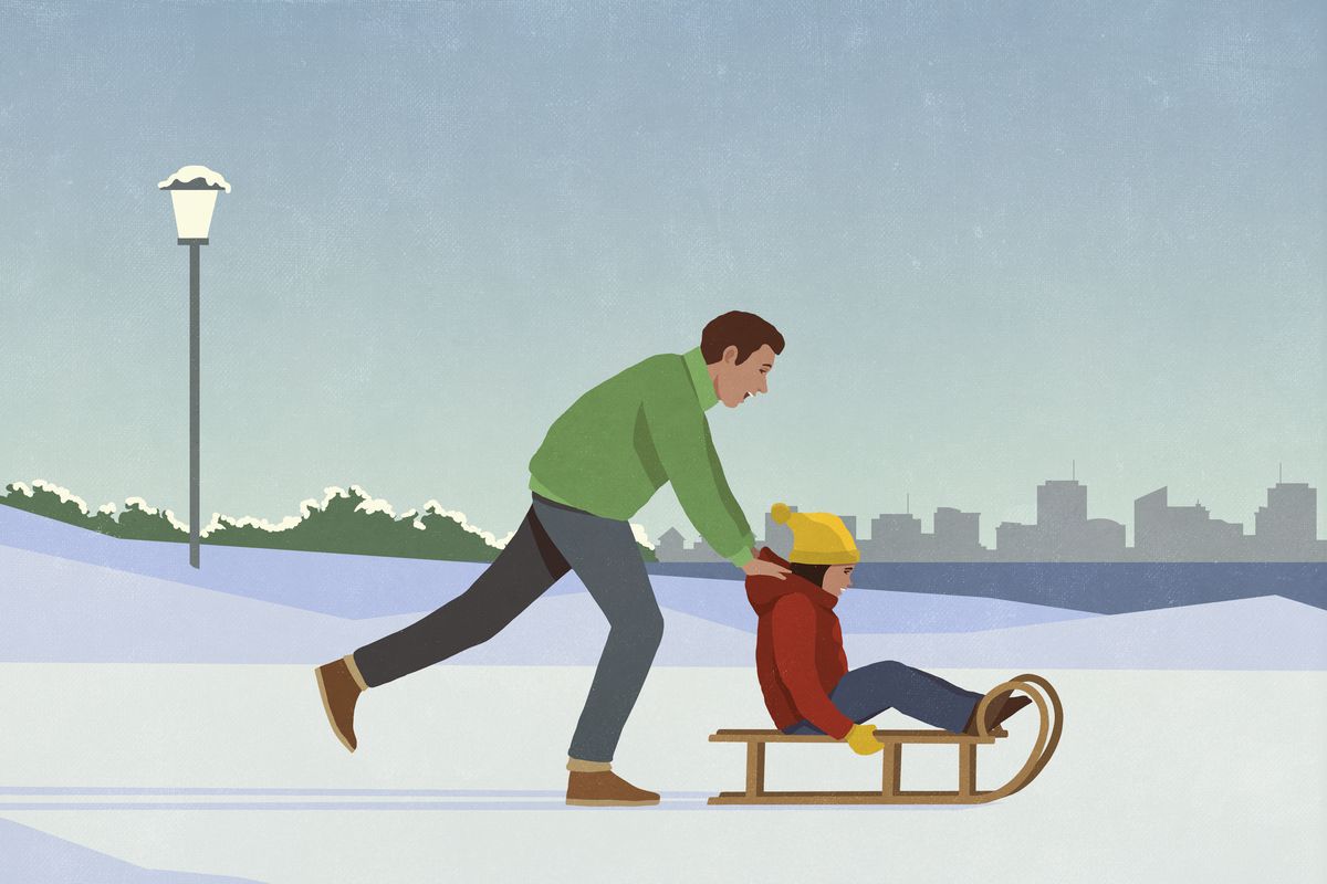 An illustration of a man pushing a child in a sled across a snowy landscape.