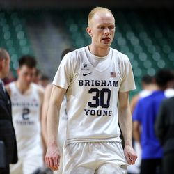 Brigham Young Cougars guard TJ Haws (30) walks off the court after the BYU Cougars fell to the San Diego Toreros in WCC tournament action at the Orleans Arena in Las Vegas on Saturday, March 9, 2019. San Diego won 80-57.