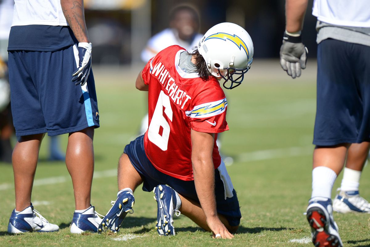 July 26, 2012; San Diego, CA, USA; San Diego Chargers quarterback Charlie Whitehurst (6) kneels on the ground after injuring his knee during training camp at Charger Park. Mandatory Credit: Jake Roth-US PRESSWIRE