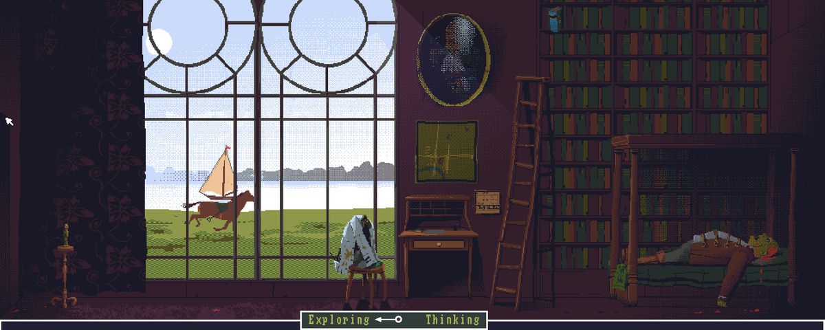 A man lies on a bed in front of a bookcase in a screenshot from The Case of the Golden Idol. He’s dead, with a clear wound to his head. On the opposite side of the room, there’s a huge glass window with a horse running by, and sailboat on the water.