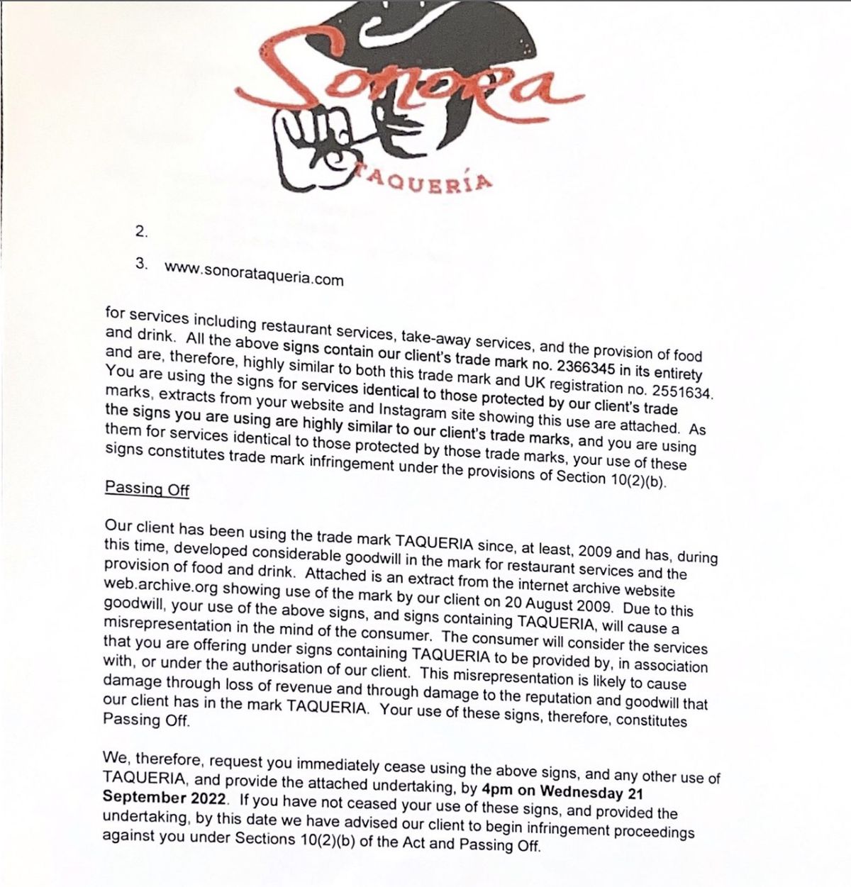A scan of a legal letter listing the alleged copyright infringement of the Taquria brand.