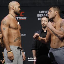 Robbie Lawler and Rafael dos Anjos square off at UFC on FOX 26 weigh-ins at Bell MTS Place in Winnipeg, Manitoba.