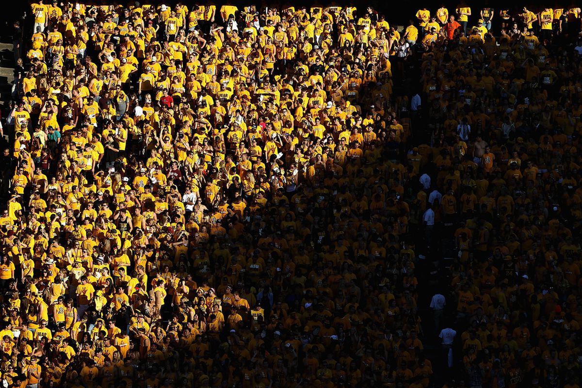 TEMPE, AZ - OCTOBER 29:  Fans of the Arizona State Sun Devils watch the college football game against  the Colorado Buffaloes at Sun Devil Stadium on October 29, 2011 in Tempe, Arizona.  (Photo by Christian Petersen/Getty Images)
