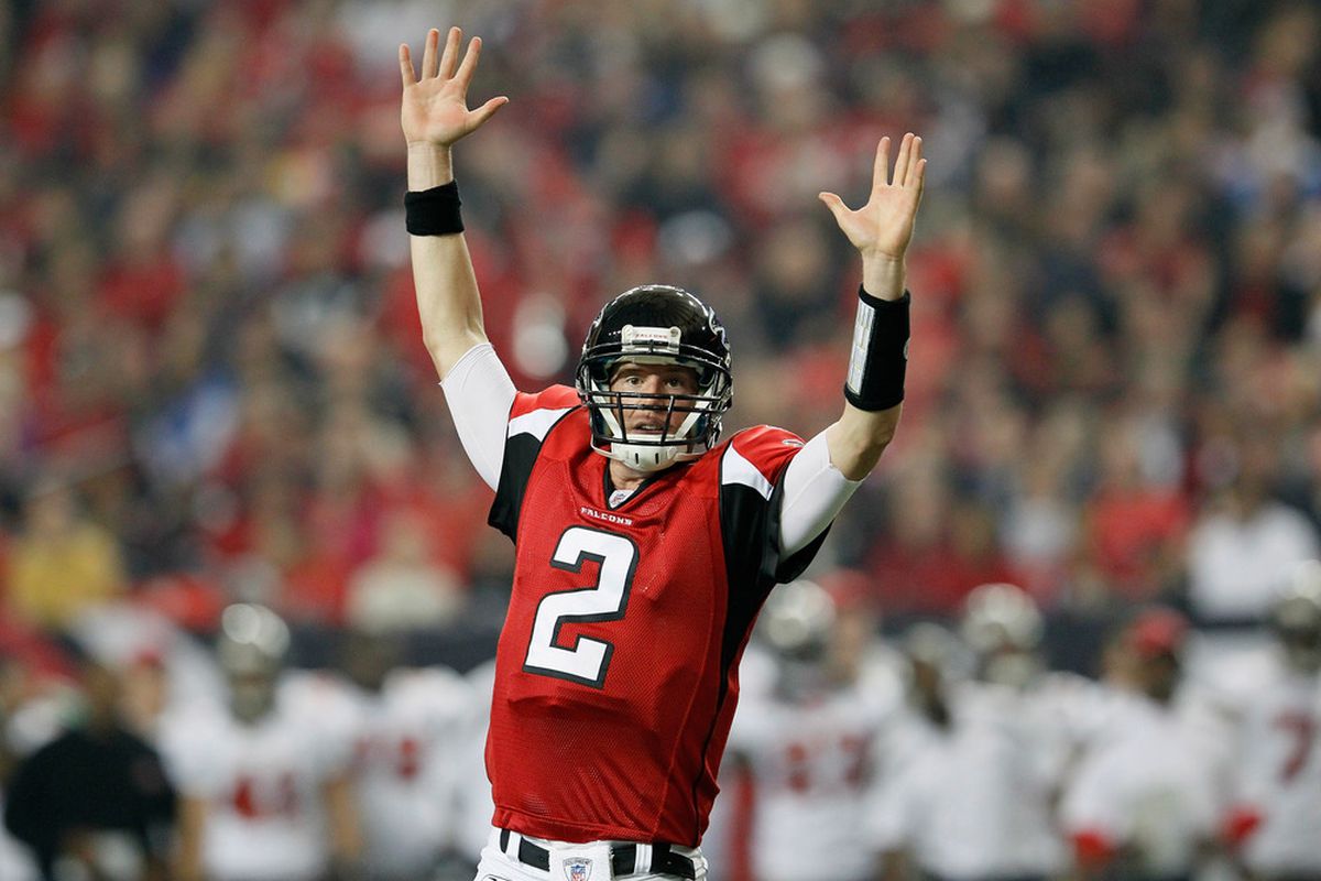ATLANTA, GA - JANUARY 01:  Matt Ryan #2 of the Atlanta Falcons reacts during a third down rush he thought was a touchdown against the Tampa Bay Buccaneers at Georgia Dome on January 1, 2012 in Atlanta, Georgia.  (Photo by Kevin C. Cox/Getty Images)