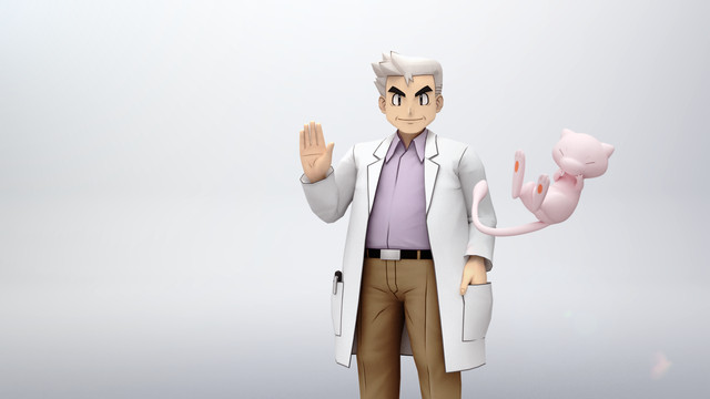 Professor Oak with a Mew floating to his left in Pokémon Masters.