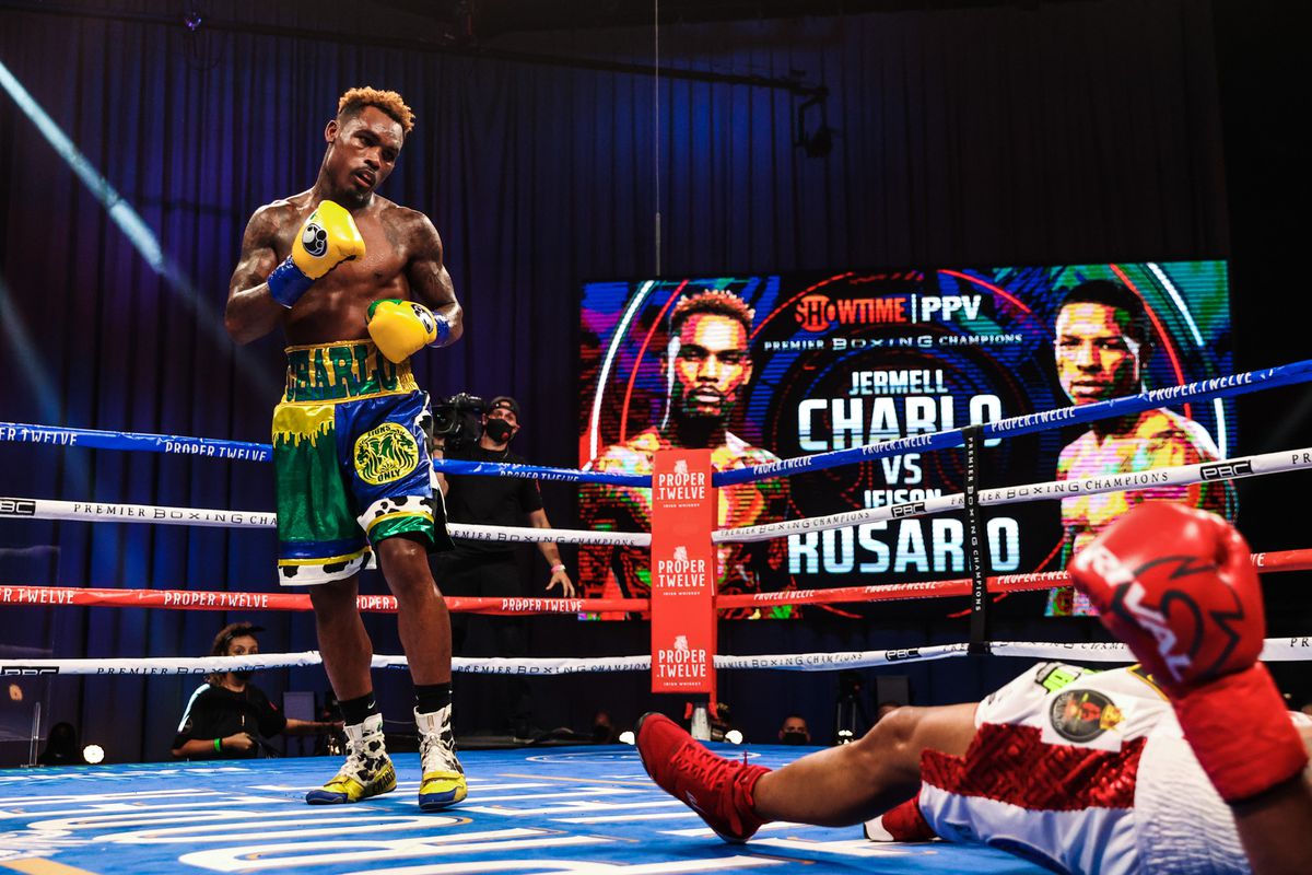 Jermell Charlo watches Jeison Rosario try to catch is breath after Charlo knocked him down with a body punch in a 154-pound unification fight on Saturday, Sept. 27, 2020 at Mohegan Sun Arena in Uncasville, Conn.