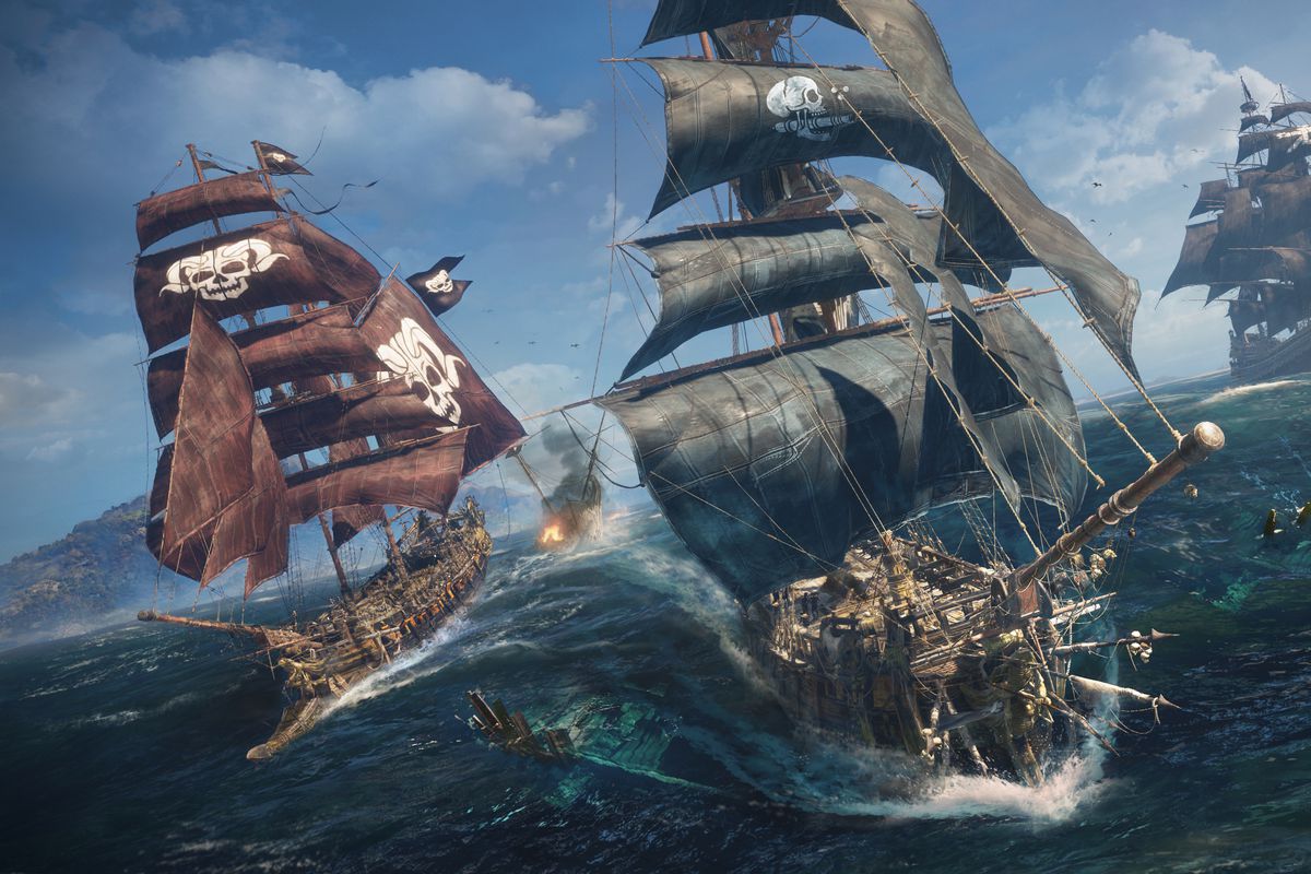 Three tall ships with full sails open sail away from the viewer in Ubisoft’s pirate adventure Skull and Bones