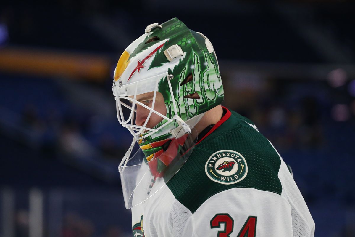 Minnesota Wild goaltender Kaapo Kahkonen (34) takes the ice for warmups before an NHL hockey game between the Buffalo Sabres and the Minnesota Wild on March 4, 2022, at KeyBank Center in Buffalo, NY.