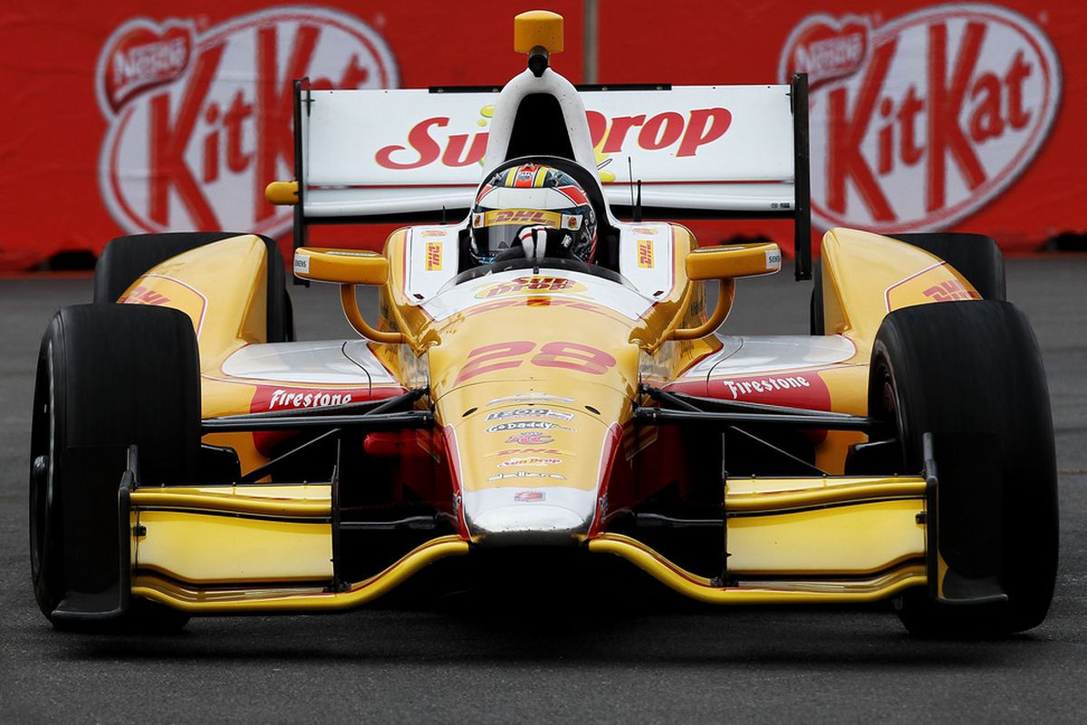 SAO PAULO, BRAZIL - APRIL 28:  Ryan Hunter-Reay, drives the #28 Team DHL/Sun Drop Citrus Soda Chevrolet during practice for the Sao Paulo Indy 300 on April 28, 2012 in Sao Paulo, Brazil.  (Photo by Nick Laham/Getty Images)