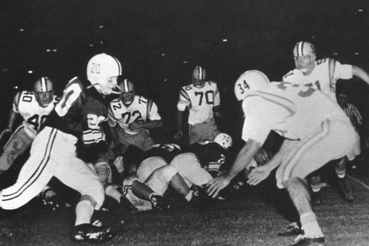 The 1958 Alabama vs. LSU game was the first time The Crimson Tide was led by Paul W. Bryant on the sideline as well as the unveiling of the Tiger's "Chinese Bandit" defense that would lead them to a National Championship. Photo: The Bryant Museum.