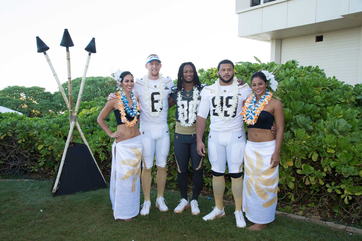 Los Angeles Rams P Johnny Hekker, RB Todd Gurley and DL Aaron Donald pose during 2016 Pro Bowl photo day