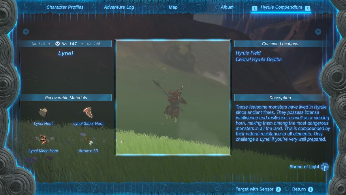 A compendium shows details for the Lynel in Zelda: Tears of the Kingdom.