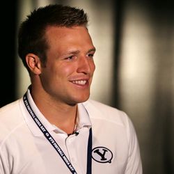 BYU's quarterback Taysom Hill talks with media at media day Wednesday, June 24, 2015, at their broadcast facility on campus in Provo.