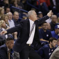 BYU head coach Dave Rose instructs his team during the first half of an NCAA college basketball game against Gonzaga, Thursday, Jan. 14, 2016, in Spokane, Wash. (AP Photo/Young Kwak)