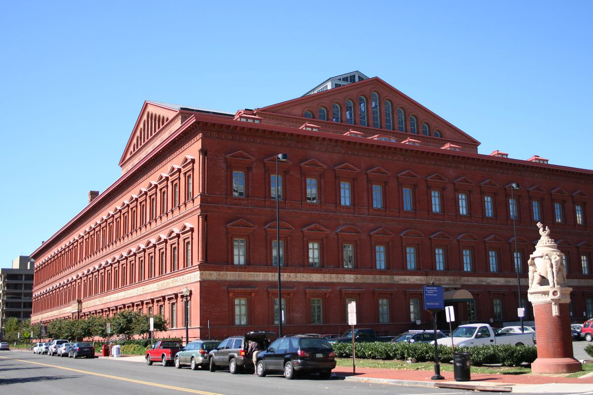 The National Building Museum, a three-and-a-half story Renaissance Revival-style building in Penn Quarter.