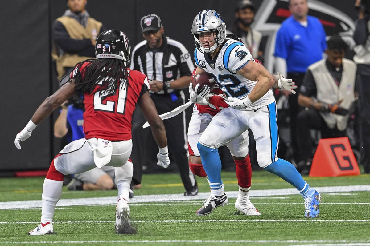Carolina Panthers running back Christian McCaffrey runs against the Atlanta Falcons during the first half at Mercedes-Benz Stadium.&nbsp;