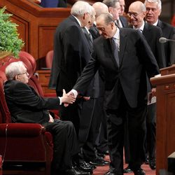 President Thomas S. Monson arrives at the morning session of the 183rd Annual General Conference of The Church of Jesus Christ of Latter-day Saints in the Conference Center in Salt Lake City on Sunday, April 7, 2013.