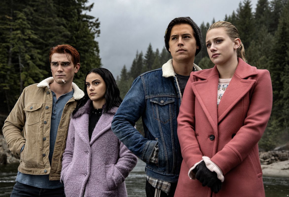 Archie Andrews (KJ Apa), Veronica Lodge (Camila Mendes), Jughead (Cole Sprouse), and Betty Cooper (Lili Reinhart) in Riverdale.