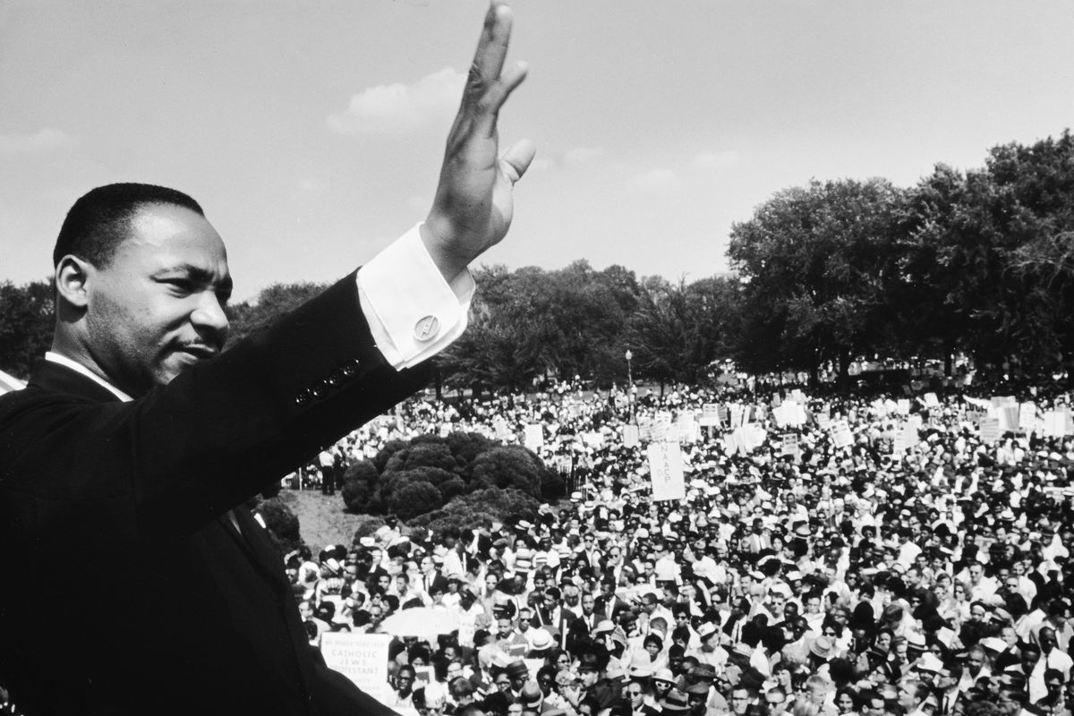 Dr. Martin Luther King Jr. addressing crowd of demonstrators outside the Lincoln Memorial during the March on Washington for Jobs and Freedom.
