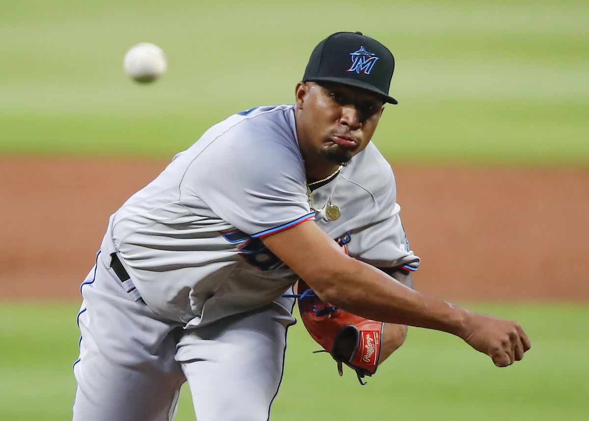 Sixto Sanchez #73 of the Miami Marlins pitches in the first inning of an MLB game against the Atlanta Braves at Truist Park