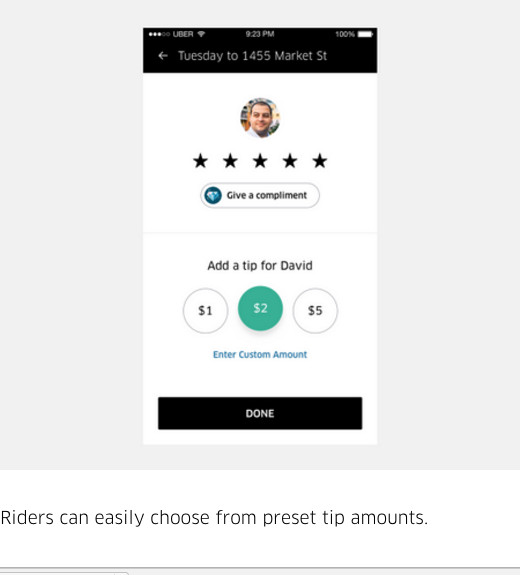 A screenshot of the Uber app rating and tipping landing page. 