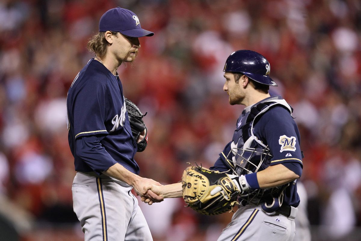 Jonathan Lucroy congratulates John Axford on securing a pretty notable place in Brewer history.