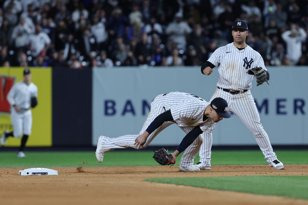 New York Yankees shortstop Isiah Kiner-Falefa Attempts to Field a Ball in Game 4 of the ALCS