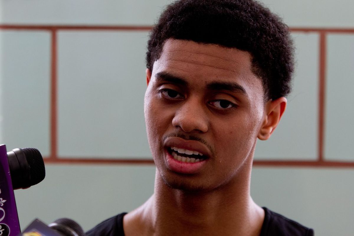 June 4, 2012; Westwego, LA, USA; Connecticut Huskies guard Jeremy Lamb talks with the media following a pre-draft workout with the New Orleans Hornets at the Alario Center.  Mandatory Credit: Derick E. Hingle-US PRESSWIRE