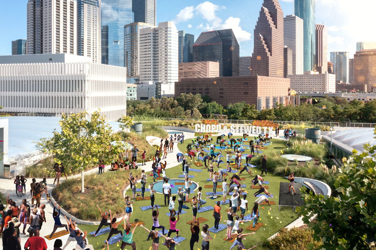 A rendering of the rooftop yoga event of Chopd &amp; Stewd with people spread out across the lawn in different poses on their maps.