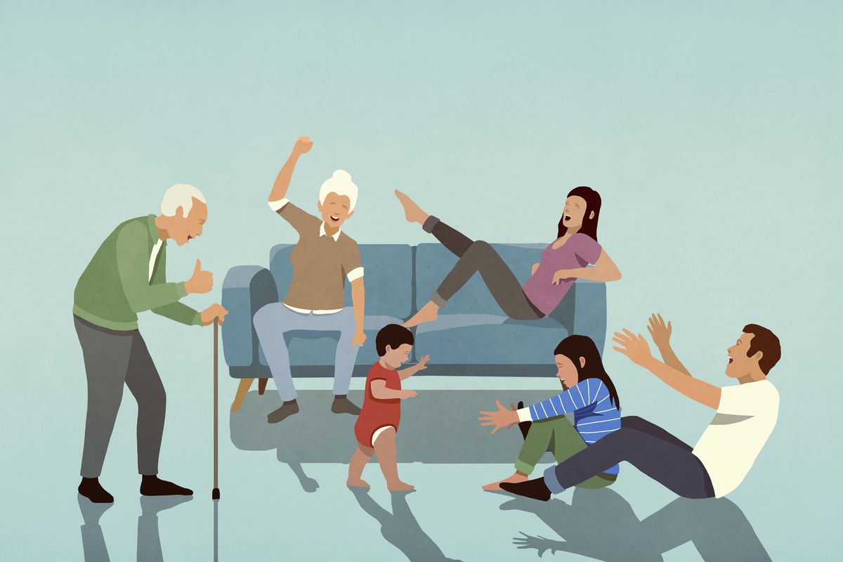 Illustration of grandparents and parents playing with children.