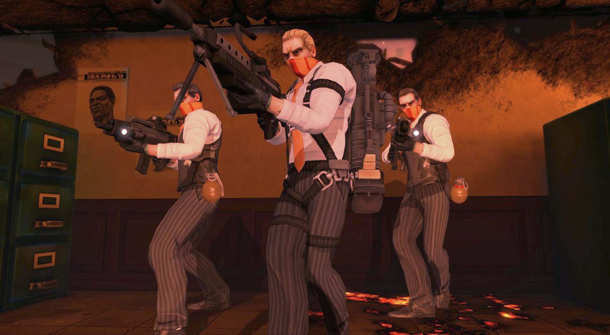 Some well-dressed hoodlums from XCOM: Enemy Within screenshots, wearing slacks and ties and rippling with high-powered weaponry.