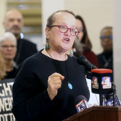 Gina Cornia, director of Utahns Against Hunger, speaks in opposition of a sales tax on food during a press conference at the Capitol in Salt Lake City on Wednesday, Nov. 20, 2019.