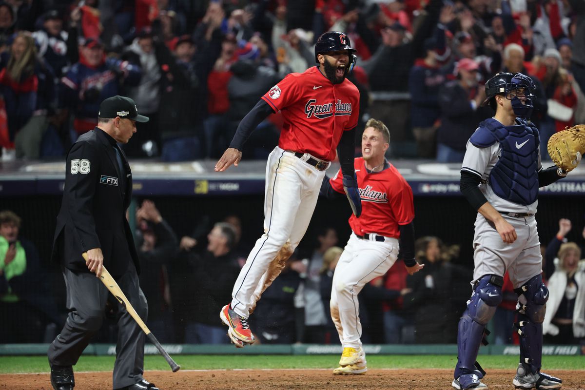 Cleveland Guardians shortstop Amed Rosario celebrates scoring in 9th inning of Game 3 of ALDS