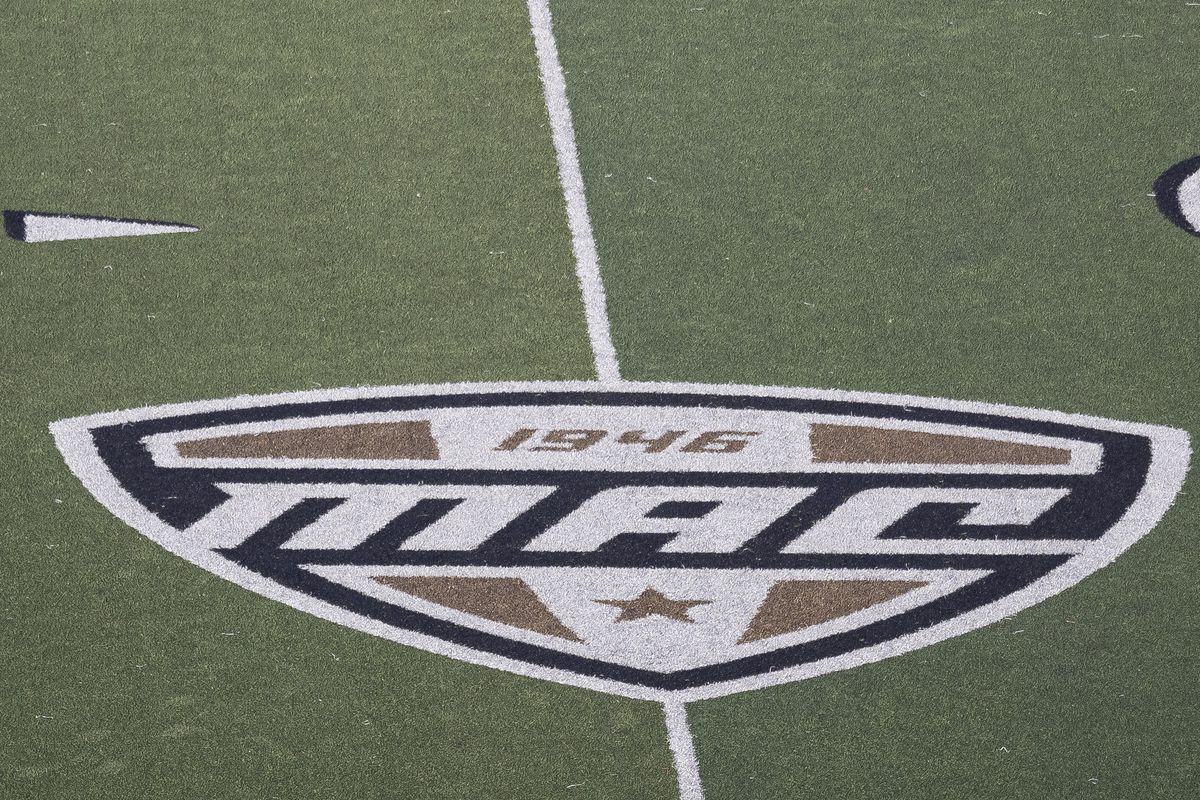 A general view of the Mid-American Conference logo on the field before the college football game between the Northern Illinois Huskies and Western Michigan Broncos on November 28, 2020, at Waldo Stadium in Kalamazoo, MI.