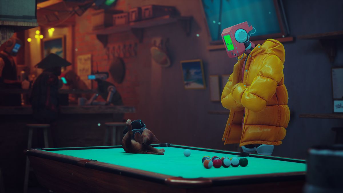 The unnamed cat of Stray, wearing a harness, licks itself while sitting on a pool table. A humanoid robot wearing a puffer jacket looks on, annoyed.