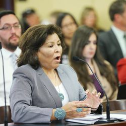 San Juan County Commissioner Rebecca Benally speaks as legislators meet during the commission for the sterwardship of public lands at the Capitol in Salt Lake City Wednesday, April 20, 2016.