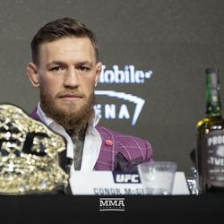 Conor McGregor on the dais Thursday at the UFC 229 press conference in New York at Radio City Music Hall.
