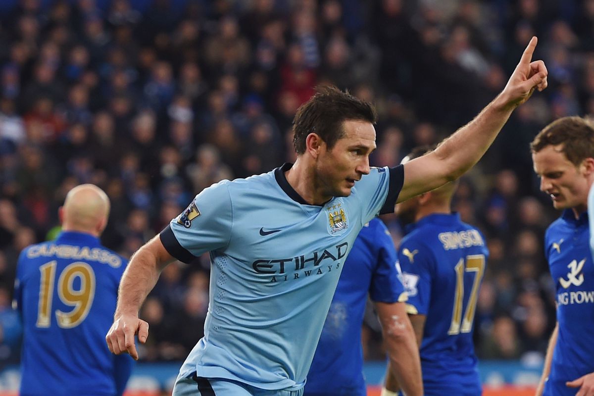 Frank Lampard celebrates today after scoring against Leicester City. Manchester City won 1-0.