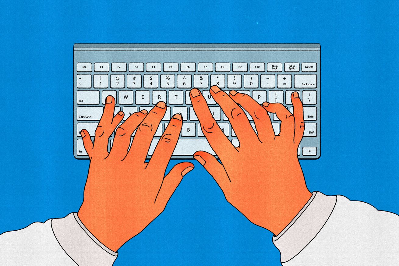 Hands with extra fingers typing on a keyboard.