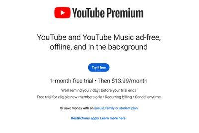 A screenshot listing the price of YouTube Premium as $13.99 a month.