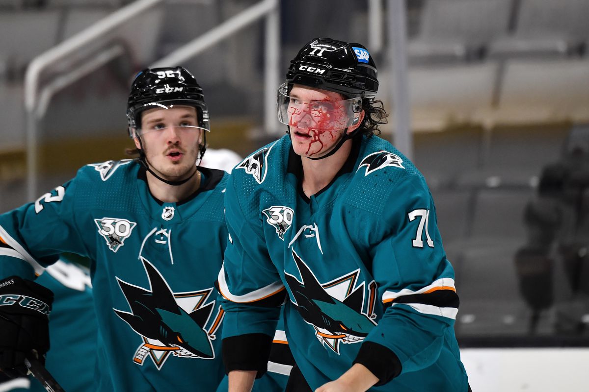 Nicolai Knyzhov #71 of the San Jose Sharks skates off after a fight against the Minnesota Wild at SAP Center on February 22, 2021 in San Jose, California.