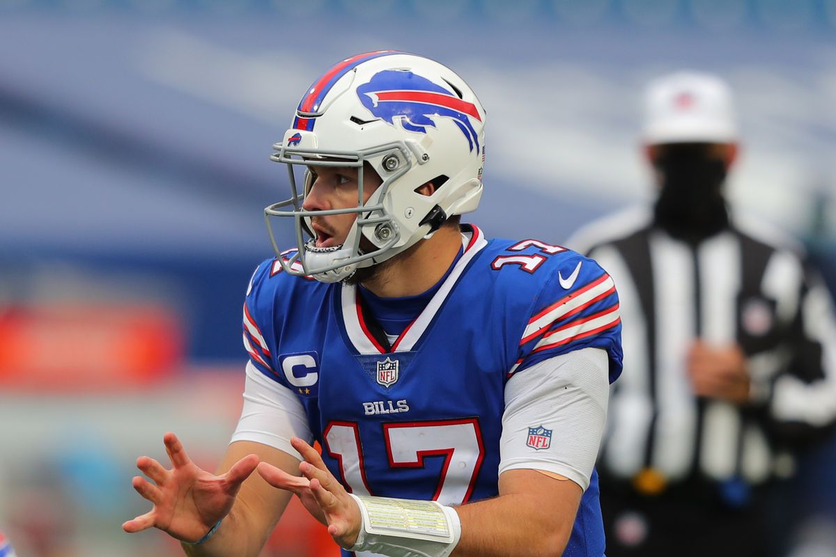 Josh Allen of the Buffalo Bills waits for the snap against the New England Patriots at Bills Stadium on November 1, 2020 in Orchard Park, New York.