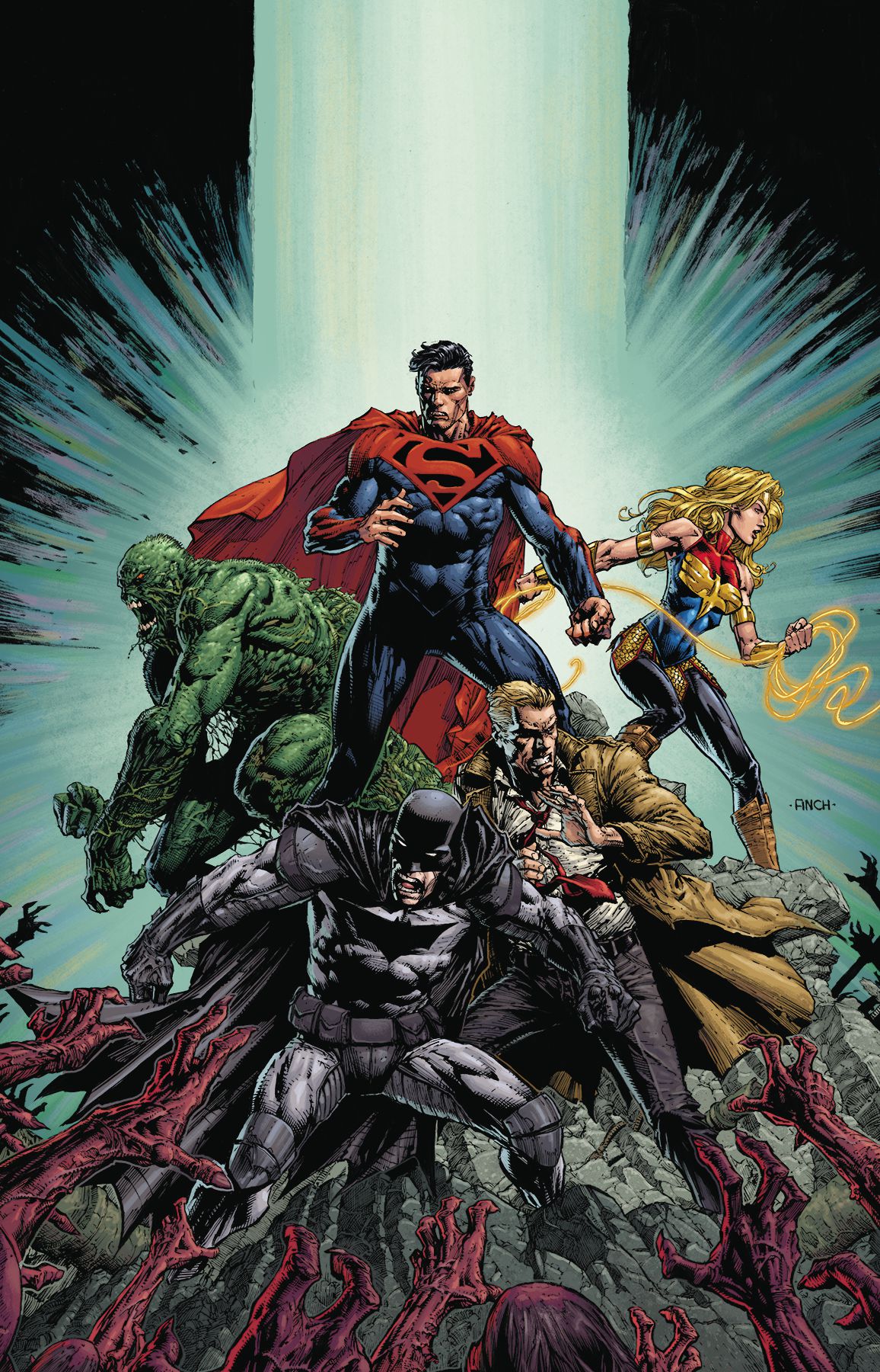 Superman, Wondergirl, Swamp Thing, John Constantine, and Batman square off against a zombie horde on the cover of DCeased: Dead Planet #1, DC Comics (2020). 