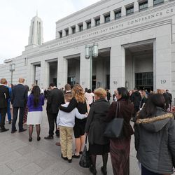 Conferencegoers line up at the Conference Center for the 189th Annual General Conference of The Church of Jesus Christ of Latter-day Saints in Salt Lake City on Sunday, April 7, 2019.