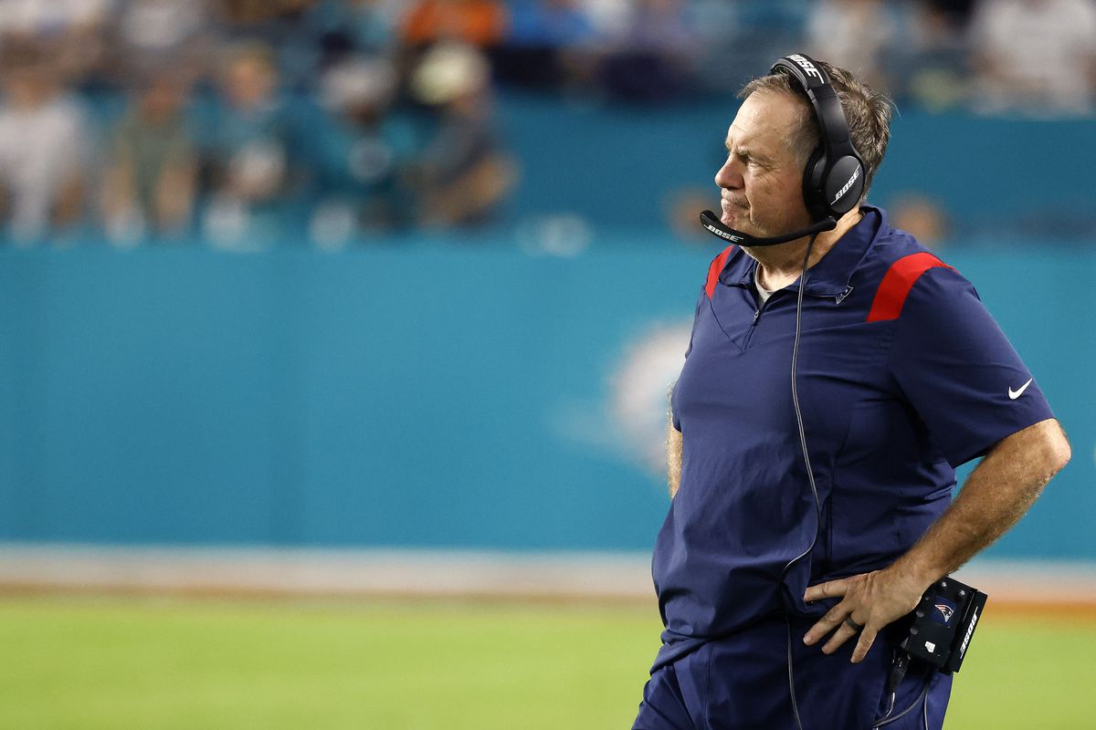 New England Patriots head coach Bill Belichick reacts from the sideline against the Miami Dolphins during the third quarter at Hard Rock Stadium.