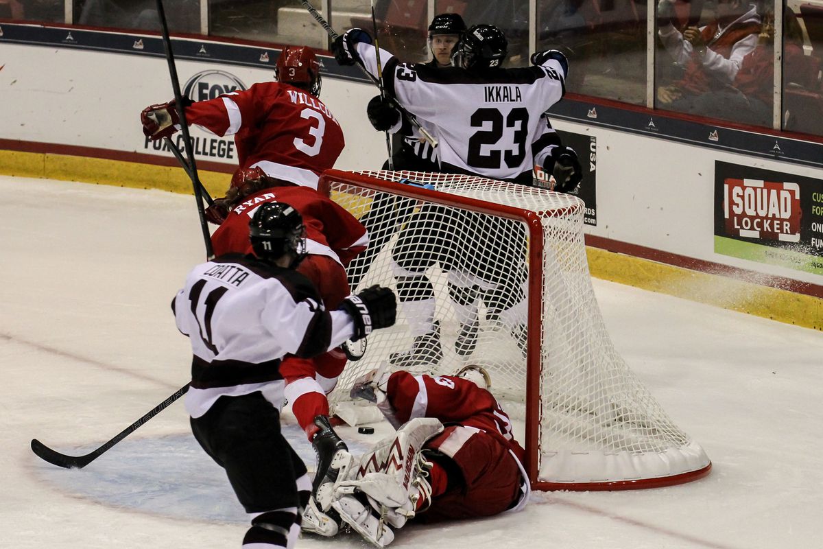 Union players celebrate a goal during the team's win over Cornell in the ECAC Hockey Tournament semifinals.